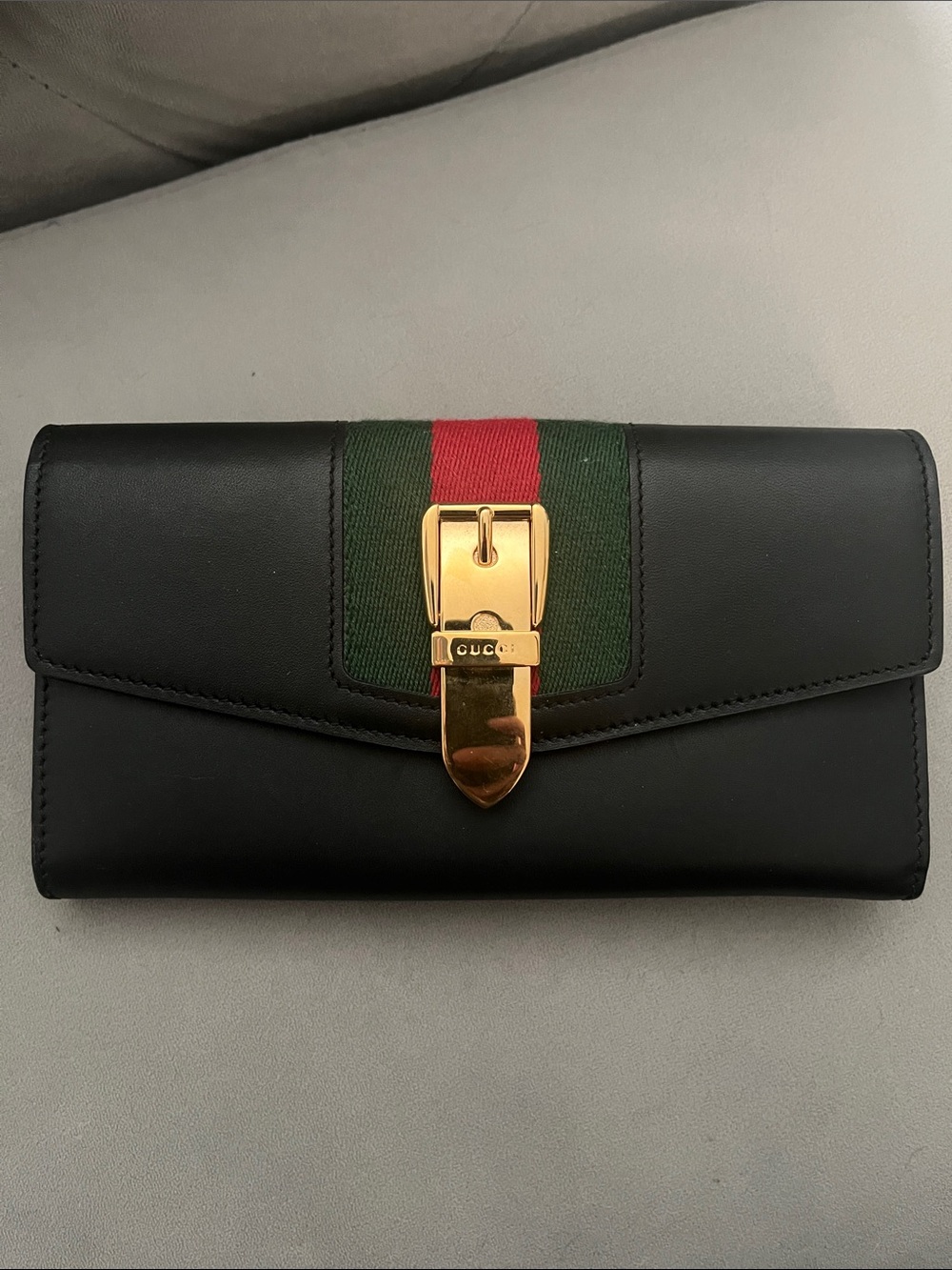 Gucci Black Leather Wallet with Green and Red Web Stripe and Gold Hardware